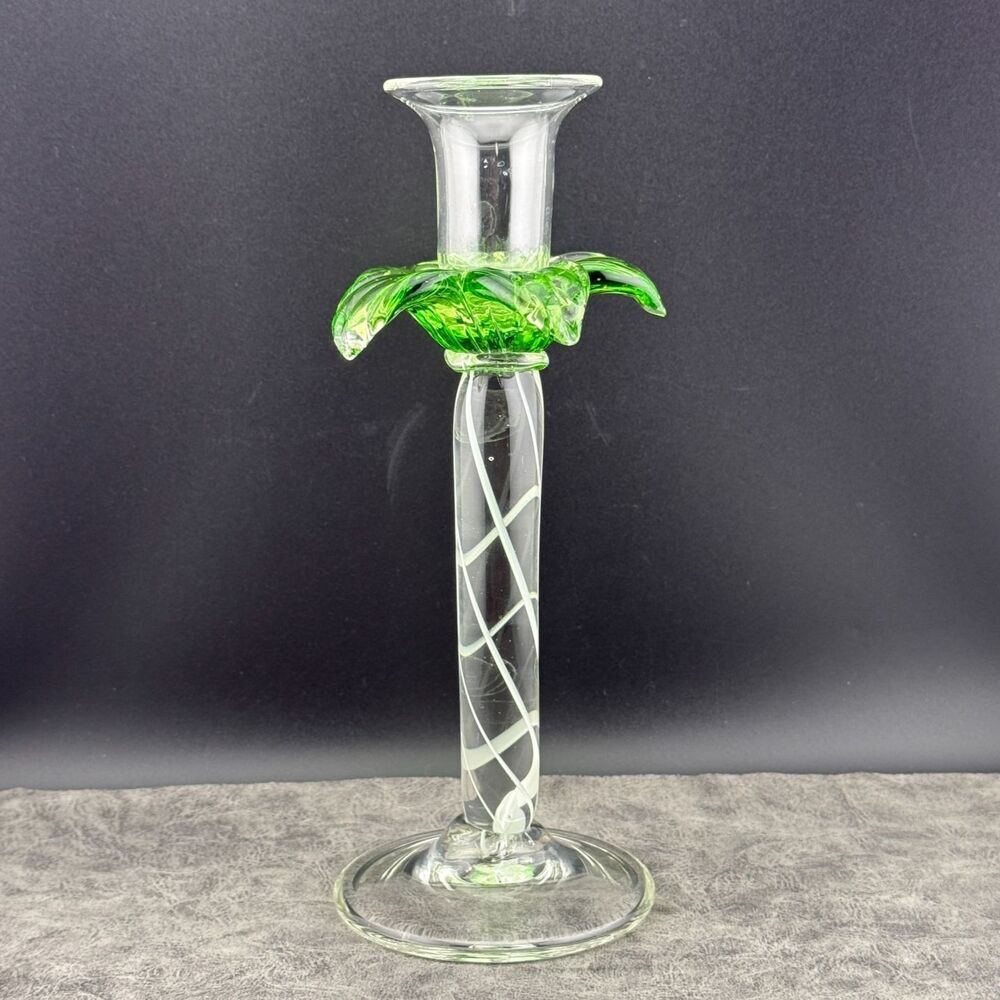 Art Glass Handblown Green Palm Tree Candle Holder Candlestick Spiral Stem 8.5" H